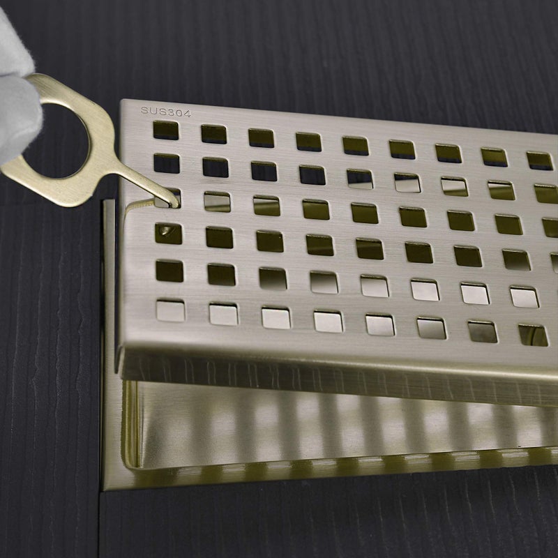 Orhemus 12 inch Stainless Steel Linear Shower Floor Drain with Threaded Adapter, Removable Cover Grid Grate, Brushed Gold Finished - Image 3